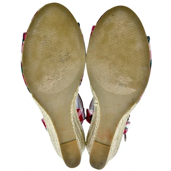 Betsey Johnson Sandals Athena 8.5 Red Gingham Check Floral Wedge Espadrille Shoe - Picture 7 of 10